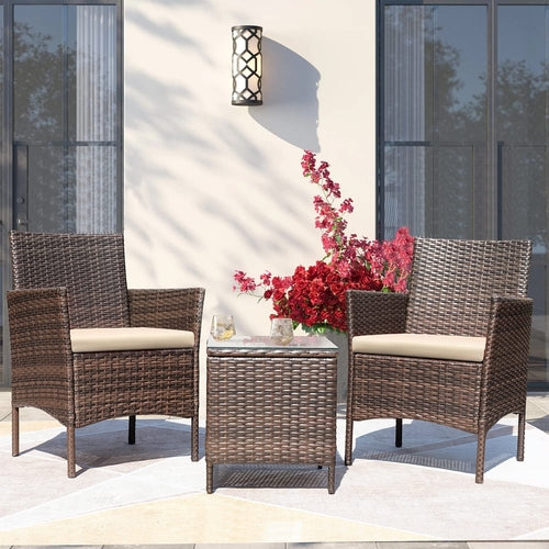 3 Piece Outdoor Rattan Furniture Set With Cushions And Glass Coffee
